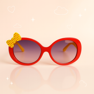 Princess Style Sunglasses for Girls – Red Frame with Yellow Smiley Print & Polka Dot Bow