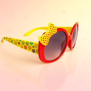 Princess Style Sunglasses for Girls – Red Frame with Yellow Smiley Print & Polka Dot Bow
