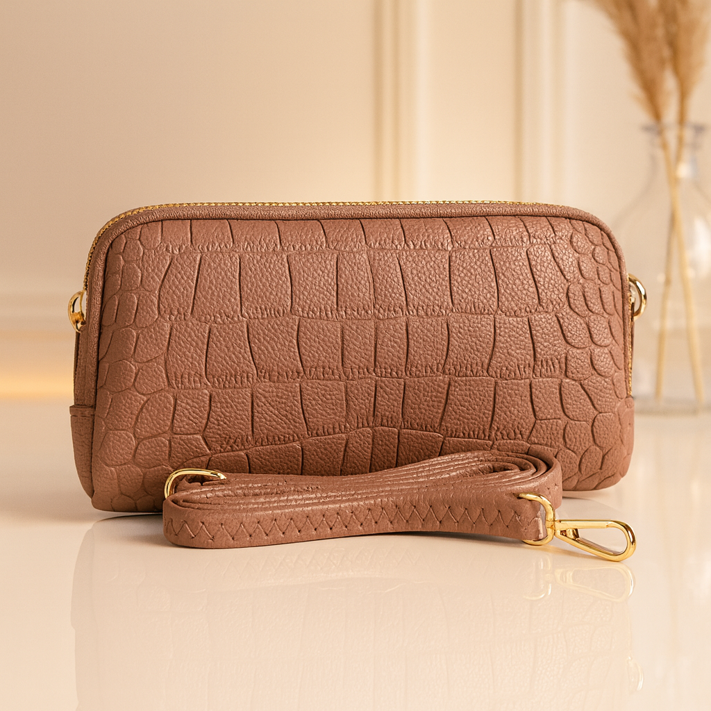 Croc-Textured Premium Faux Leather Shoulder Bag (with Strap)